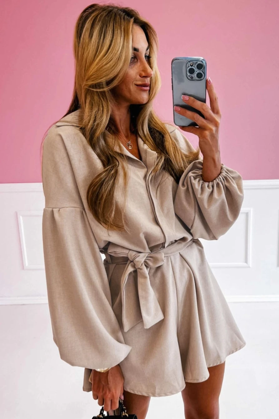 Shewin Women's Flaxen Drop Shoulder Bubble Sleeve Belted Romper with Lapel Detail