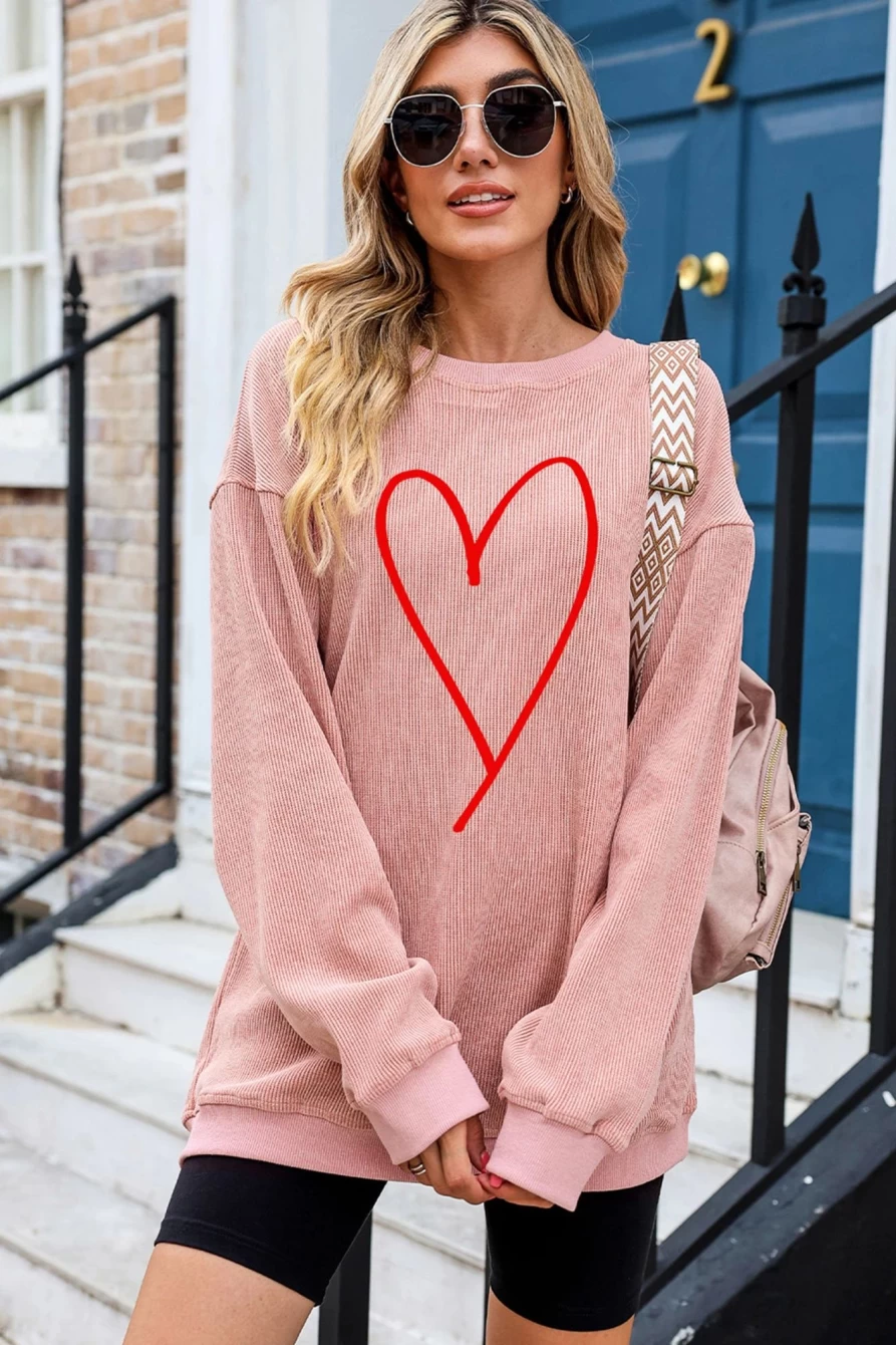 Shewin Women's Pink Valentine Heart Oversized Sweatshirt - Cute Graphic Hoodie for Women