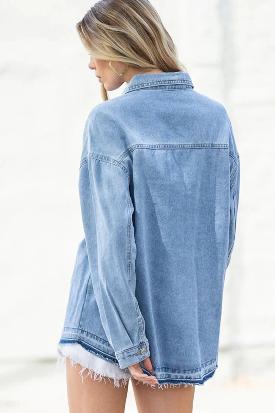 "Shewin Women's Sky Blue Oversized Denim Jacket with Flap Pockets & Button Detail"
