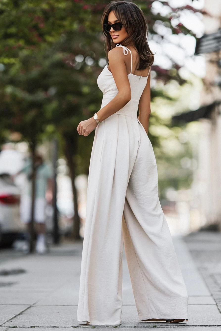 Shewin Women's Beige Spaghetti Straps Pleated High Waist Wide Leg Jumpsuit