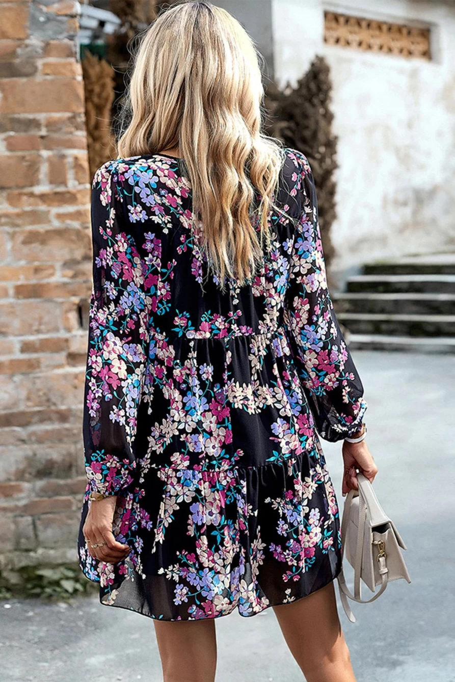 Shewin Women's Black Boho Floral Long Sleeve Tiered Mini Dress