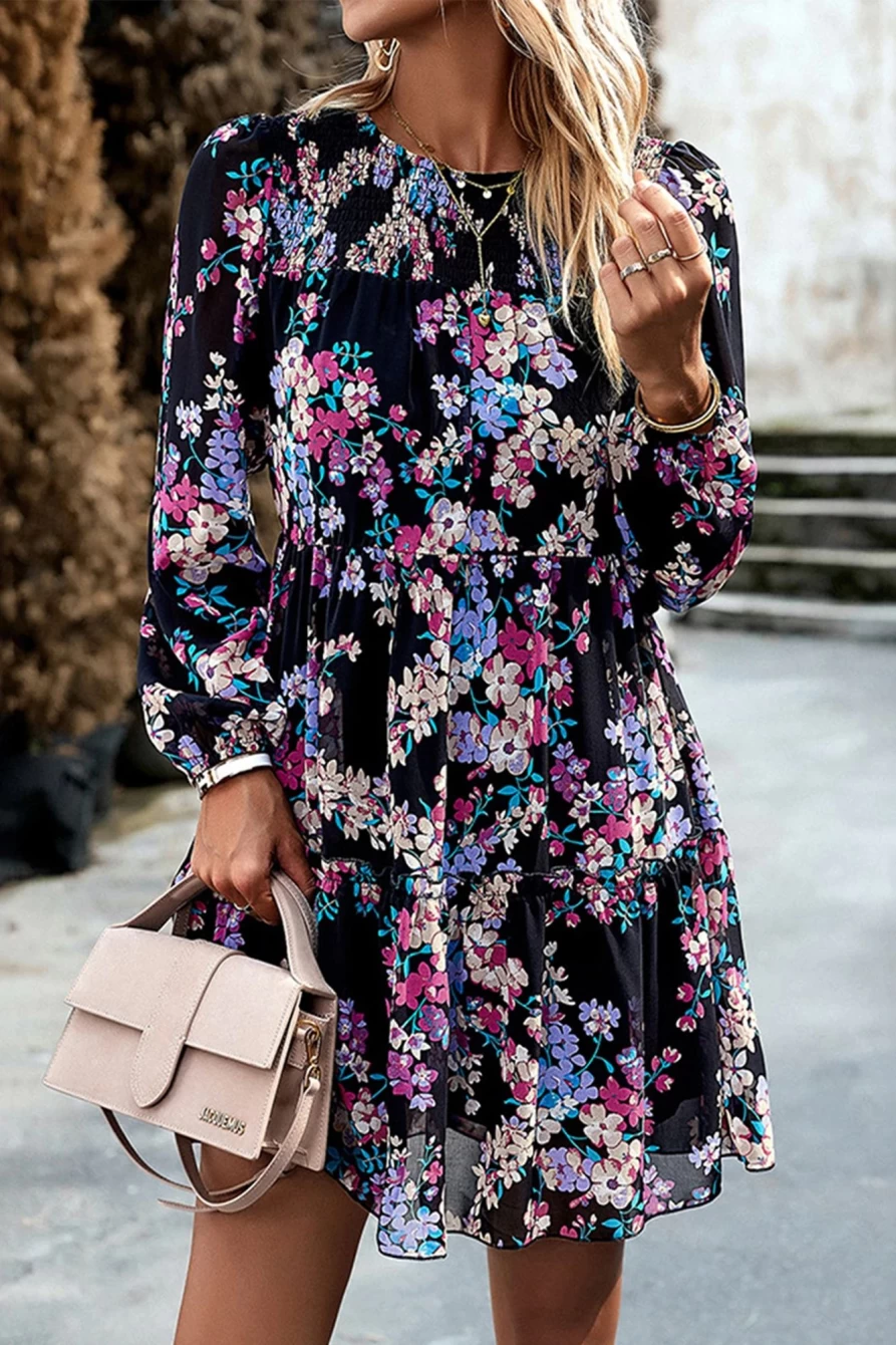 Shewin Women's Black Boho Floral Long Sleeve Tiered Mini Dress