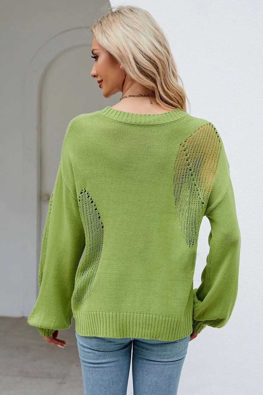Shewin Women's Cypress Casual Round Neck Cut Out Sweater