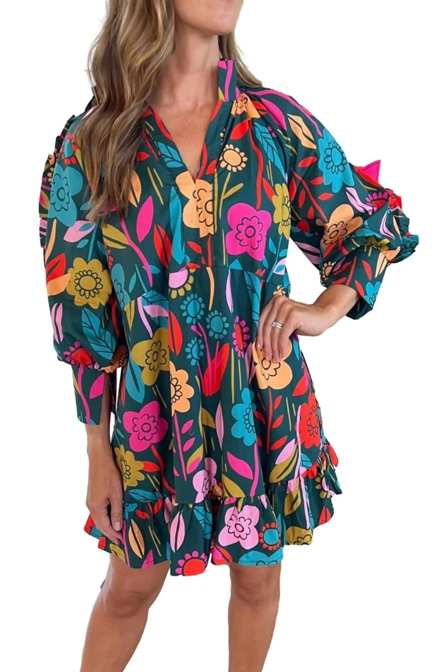 Shewin Women's Green Floral Print V-Neck Ruffle Mini Dress