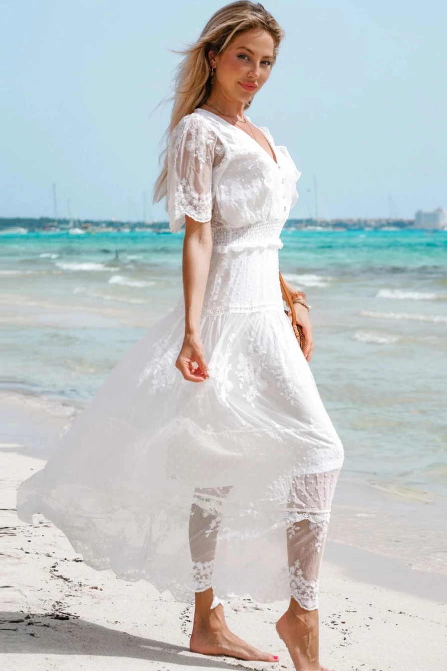 Shewin Women's Elegant White Crochet Contrast Lace Maxi Dress