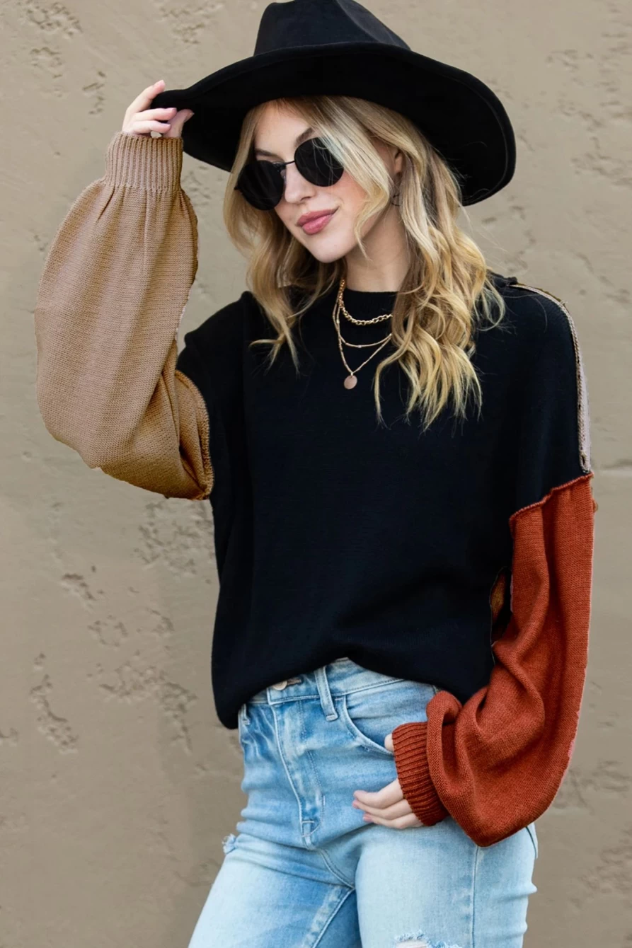 Shewin Women's Black Colorblock Ribbed Trim Sweater with Bishop Sleeves & Exposed Seams
