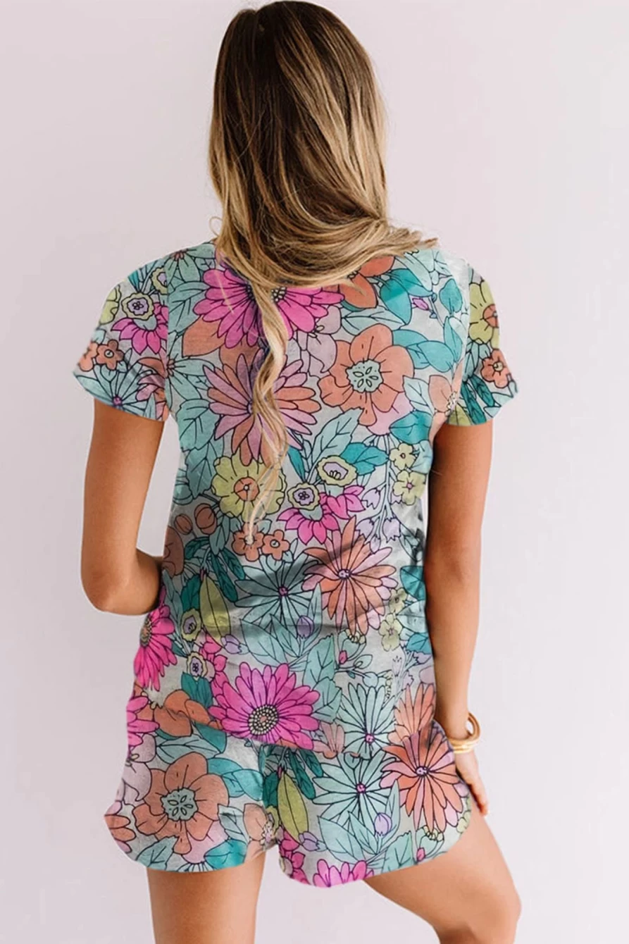 "Shewin Women's Sky Blue Floral Print Crew Neck T-Shirt & Shorts Loungewear Set"