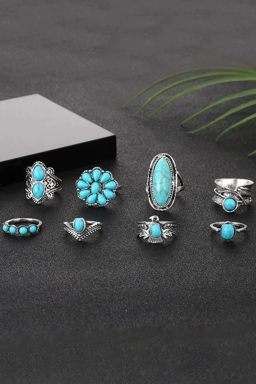 8Pcs Shewin Vintage Turquoise Rings for Women - Green Bohemian Style Statement Ring Set