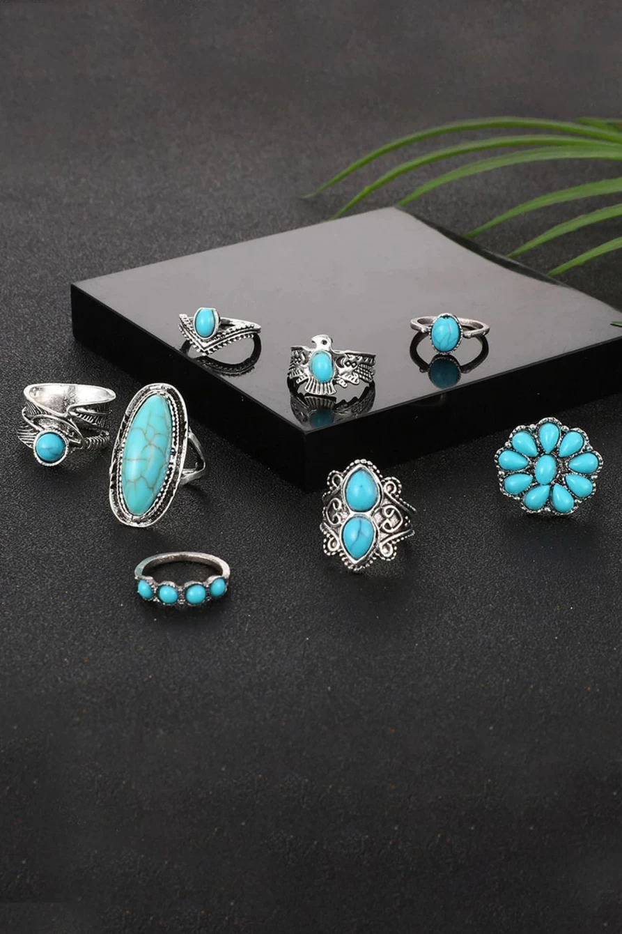 8Pcs Shewin Vintage Turquoise Rings for Women - Green Bohemian Style Statement Ring Set