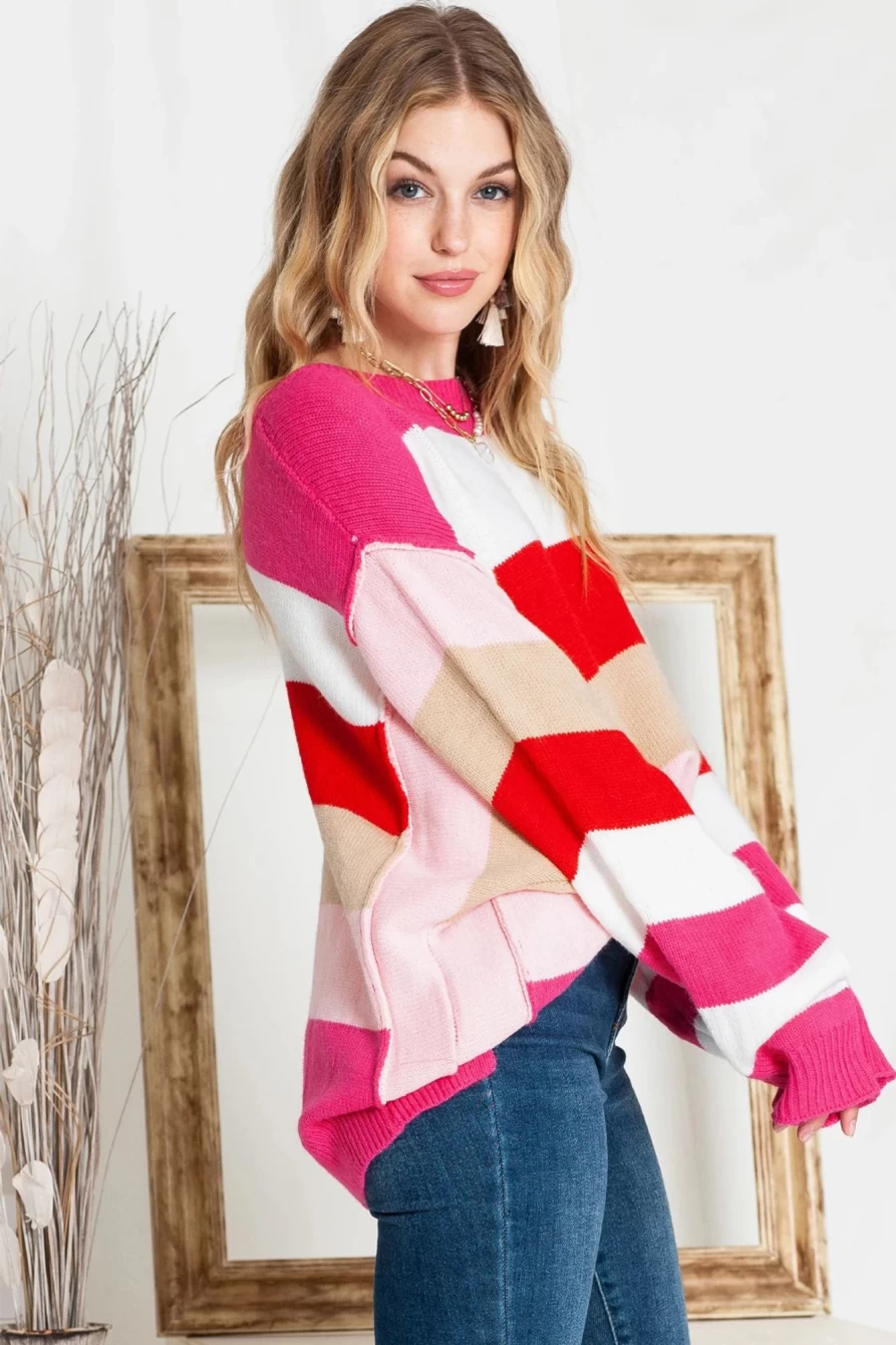 Shewin Women's Red Striped Dolman Sleeve Sweater - Mix Horizon Casual Knit Top