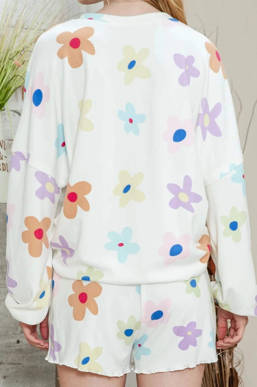 Shewin Women's White Floral Print Henley Top & Drawstring Shorts Loungewear Set