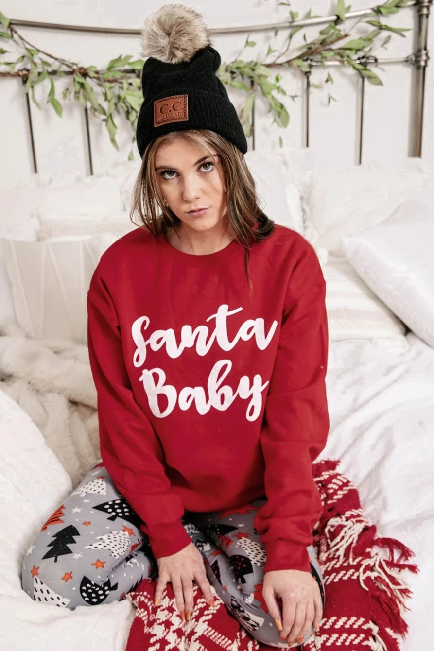 Shewin Women's Red Santa Graphic Print Crewneck Sweatshirt - Festive Holiday Pullover