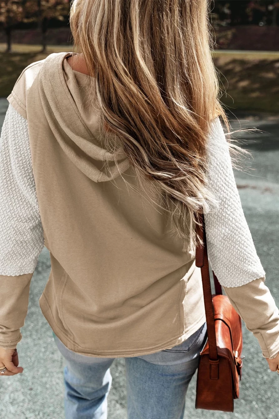 Shewin Women's Parchment Textured Splicing Hoodie with Raw Hem Sleeves