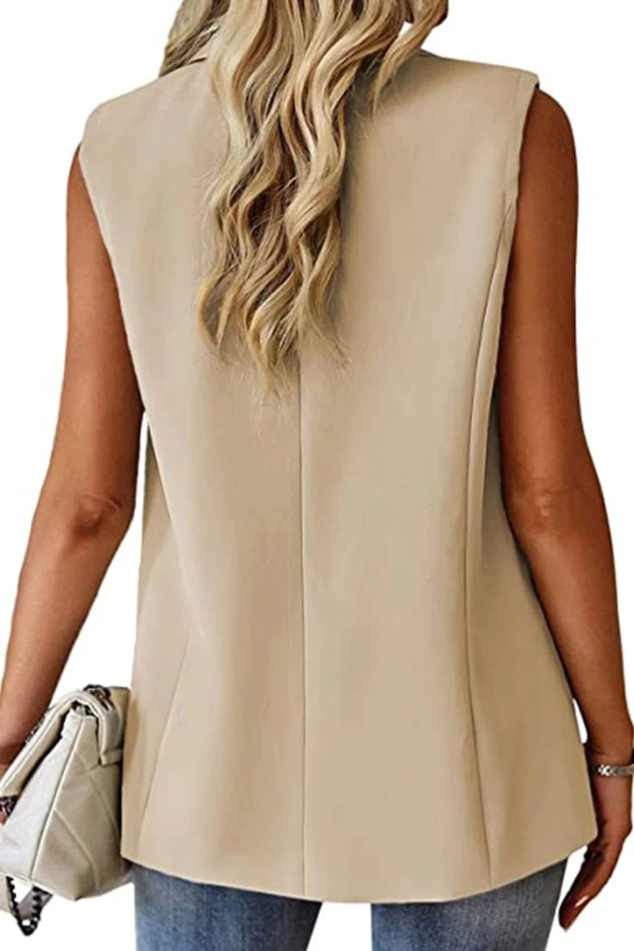 Shewin Women's Apricot Single Button Pocketed Lapel Vest Blazer for Stylish Layering