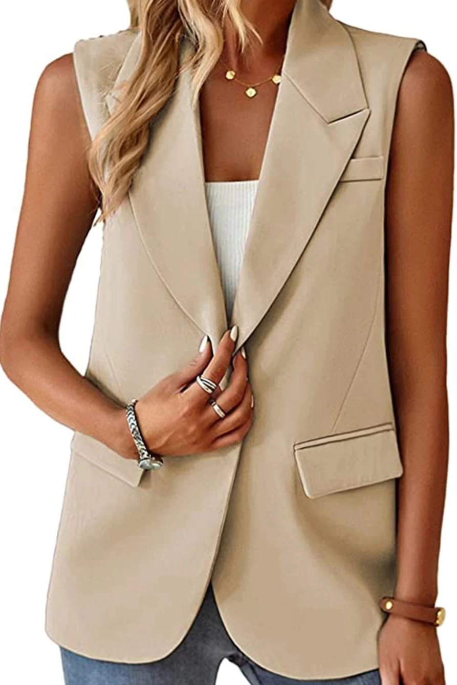 Shewin Women's Apricot Single Button Pocketed Lapel Vest Blazer for Stylish Layering
