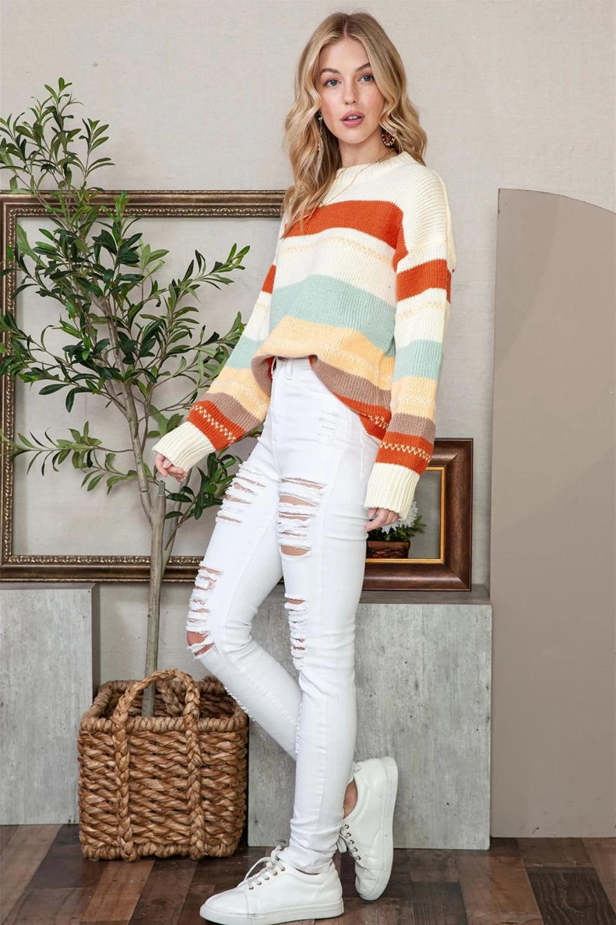 Shewin Women's Stripe Color Block Drop Shoulder Knit Sweater