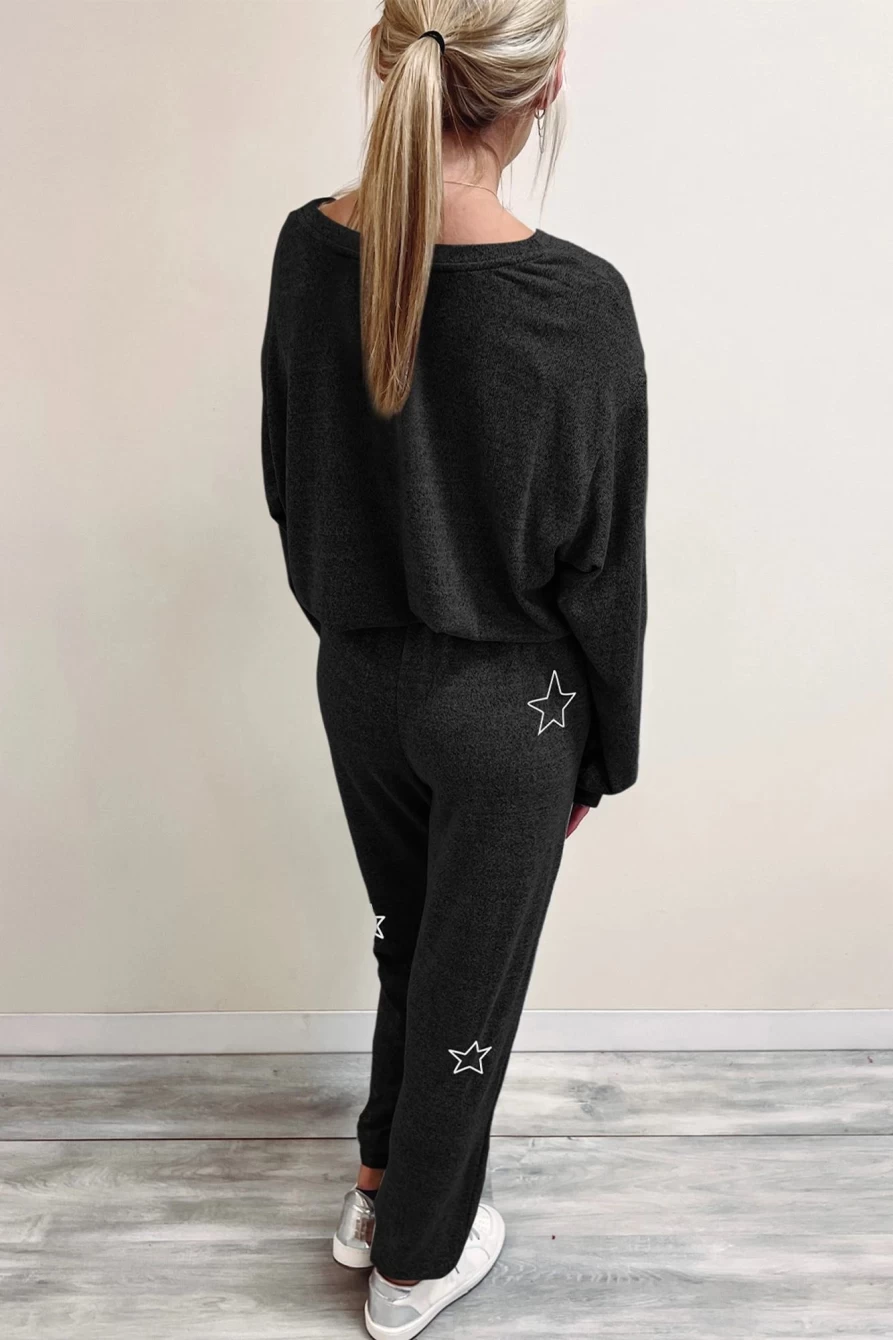 Shewin Women's Black Stars Print Long Sleeve Top and Drawstring Pants Set