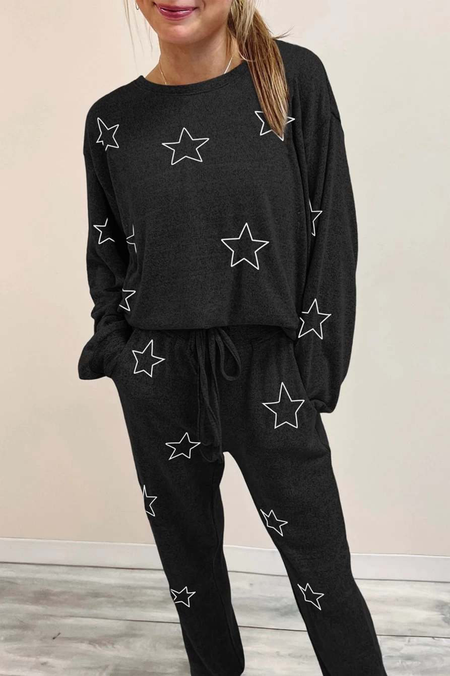 Shewin Women's Black Stars Print Long Sleeve Top and Drawstring Pants Set