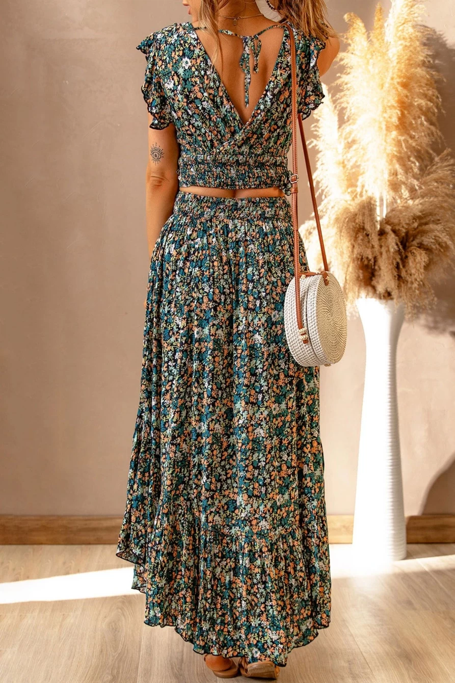 Shewin Women's Multicolor Ditsy Floral Print Ruffled Crop Top & Flowy Maxi Skirt Set