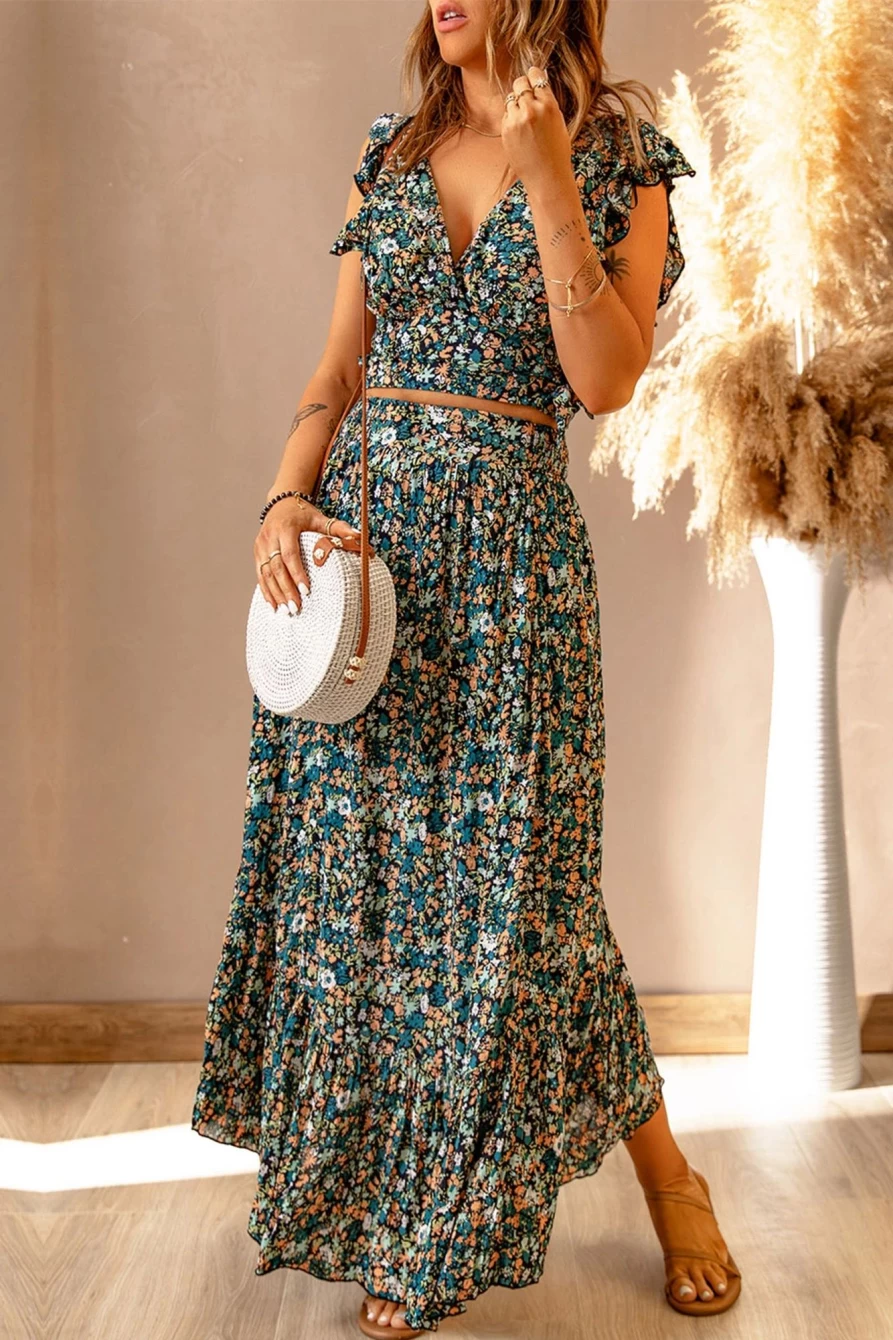 Shewin Women's Multicolor Ditsy Floral Print Ruffled Crop Top & Flowy Maxi Skirt Set