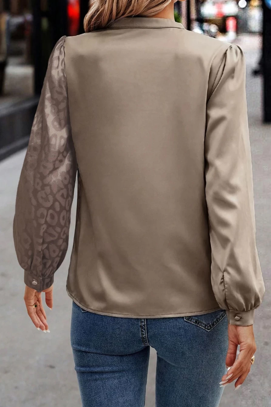 Shewin Women's Light French Beige Satin Blouse with Leopard Splicing & Lantern Sleeves