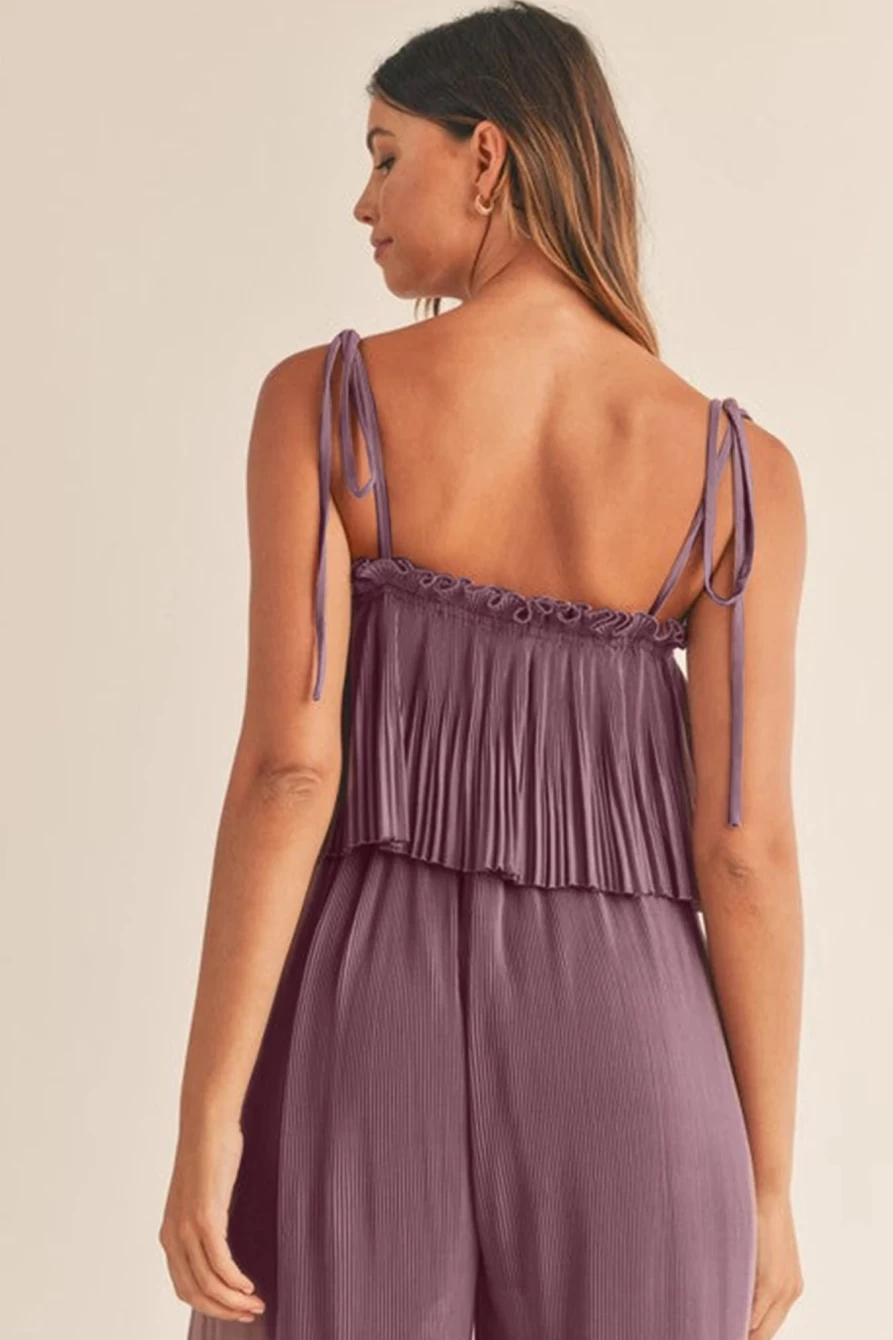 Shewin Women's Rose Tan Solid Self-Tied Straps Pleated Wide Leg Jumpsuit