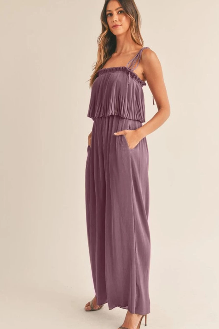 Shewin Women's Rose Tan Solid Self-Tied Straps Pleated Wide Leg Jumpsuit