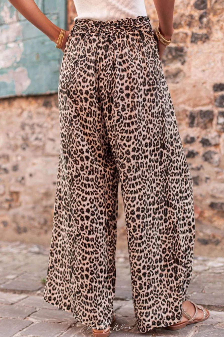 Shewin Women's Boho Leopard Print Wide Leg Pants in Desert Palm - Stylish Comfort for Casual Outfits