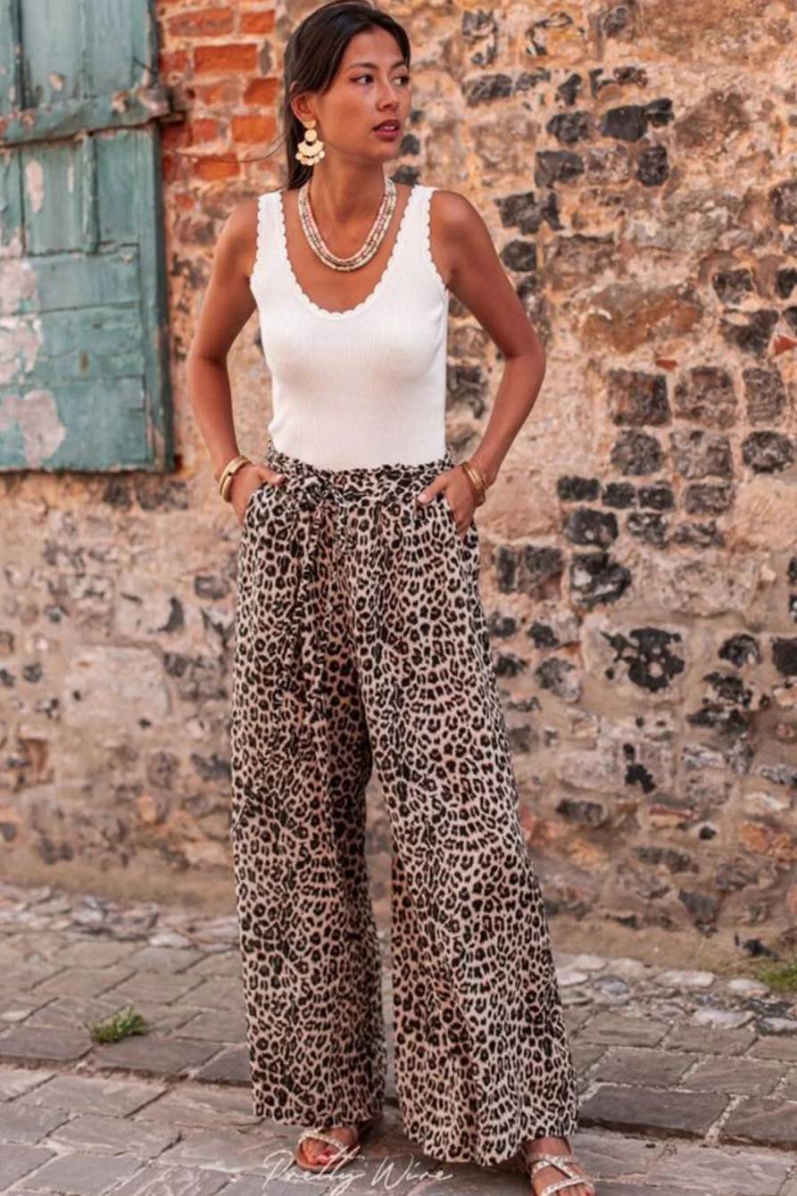 Shewin Women's Boho Leopard Print Wide Leg Pants in Desert Palm - Stylish Comfort for Casual Outfits