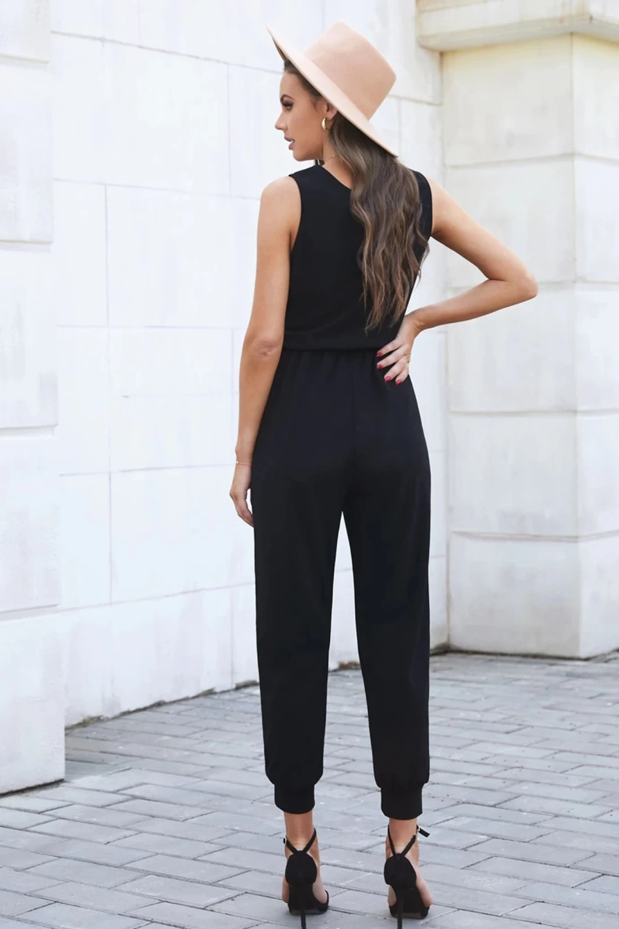 Shewin Women's Black Solid Casual Deep V-Neck Sleeveless Jumpsuit