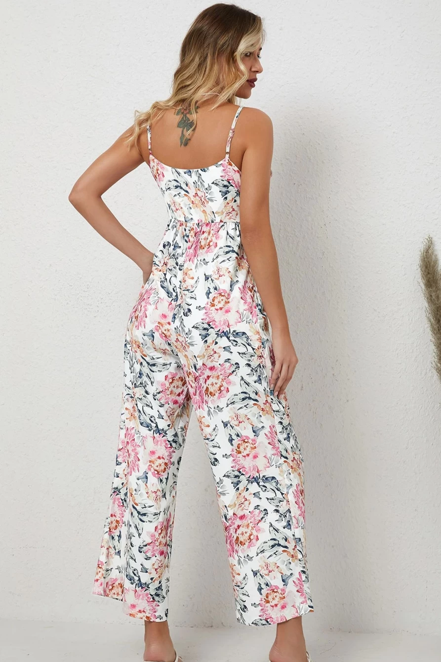 Shewin Women's White Floral Print Spaghetti Straps Wide Leg Jumpsuit Romper
