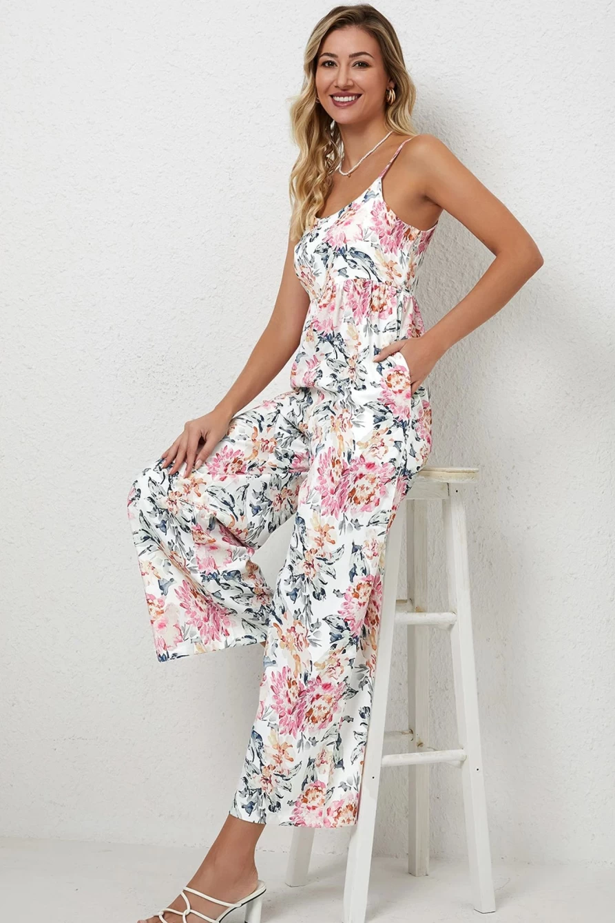 Shewin Women's White Floral Print Spaghetti Straps Wide Leg Jumpsuit Romper