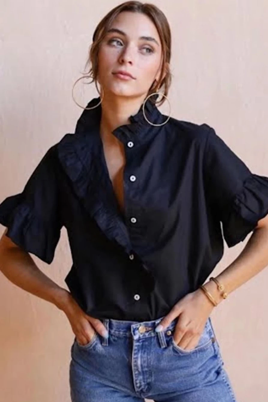 Shewin Women's Blue Solid Ruffle Detail Button-Up Shirt with Funnel Neck