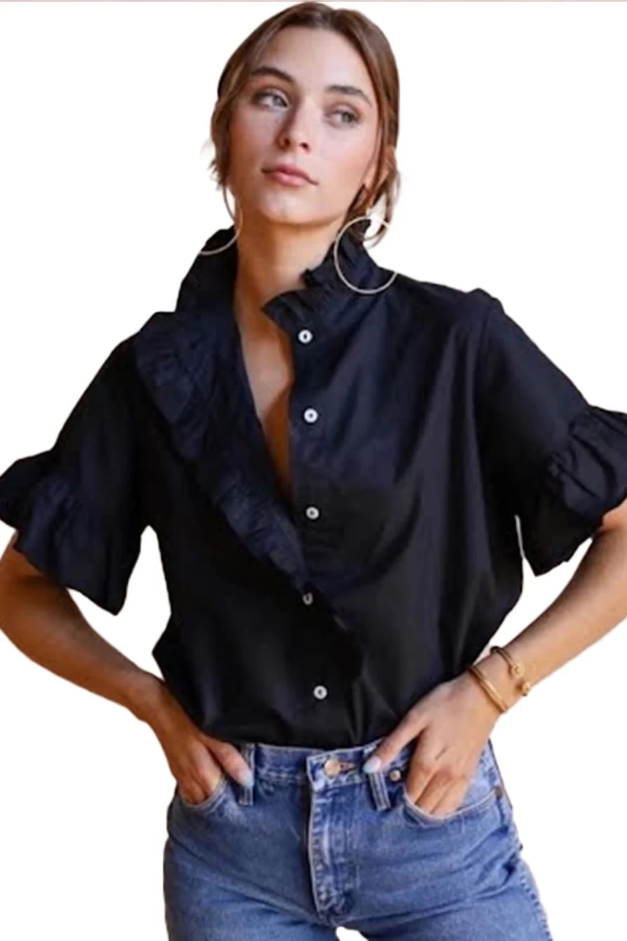 Shewin Women's Blue Solid Ruffle Detail Button-Up Shirt with Funnel Neck