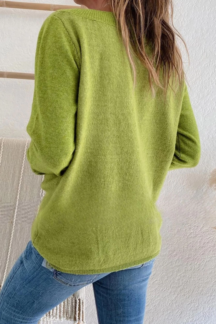 Women's Green V-Neck Ribbed Contrast Long Sleeve Sweater | Shewin