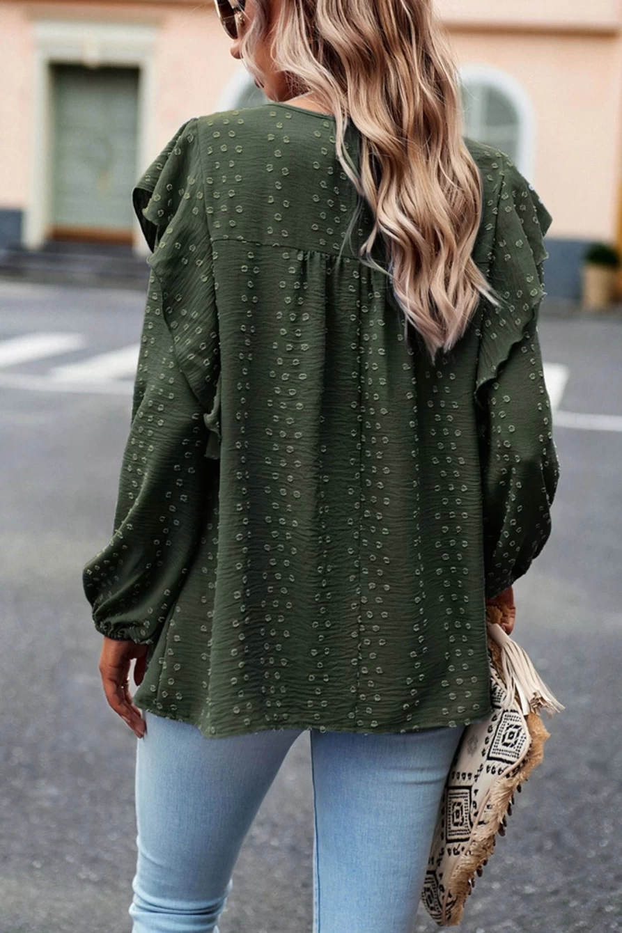 "SheWin Women's Blackish Green Swiss Dot Ruffle Shoulder Long Sleeve Blouse"
