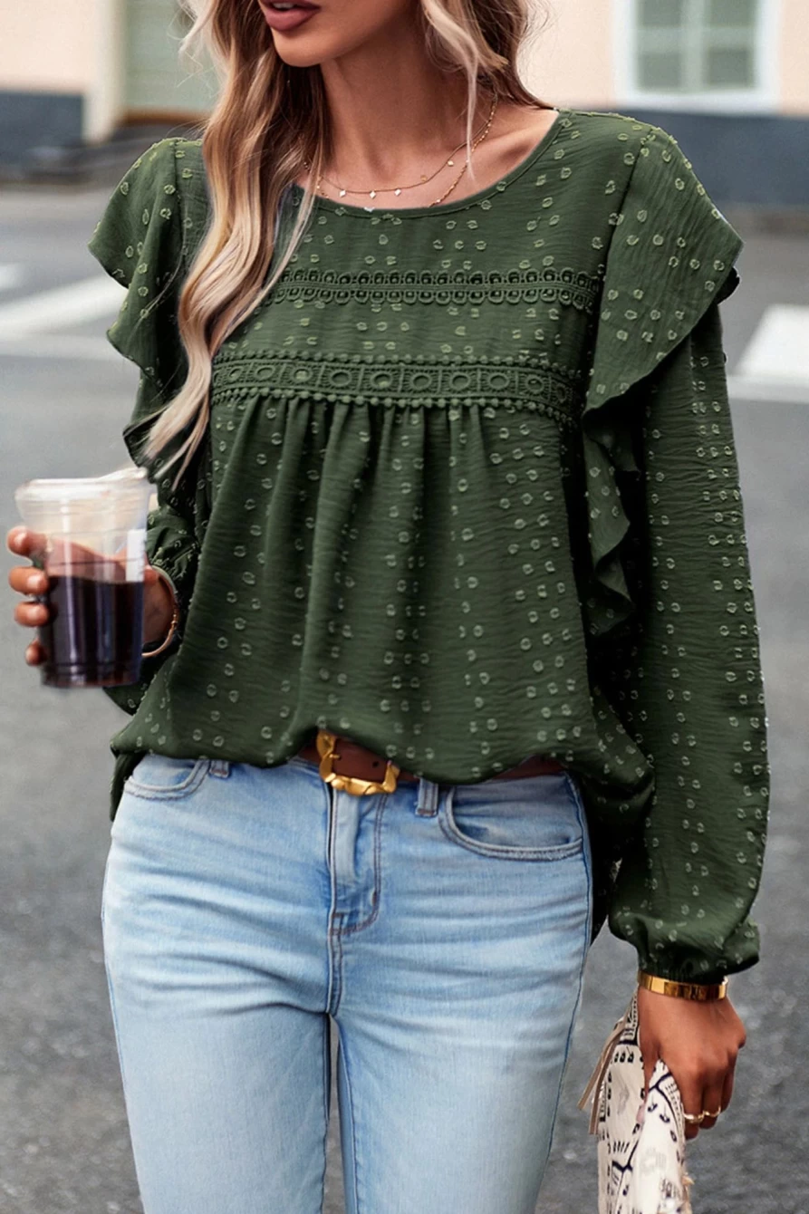 "SheWin Women's Blackish Green Swiss Dot Ruffle Shoulder Long Sleeve Blouse"