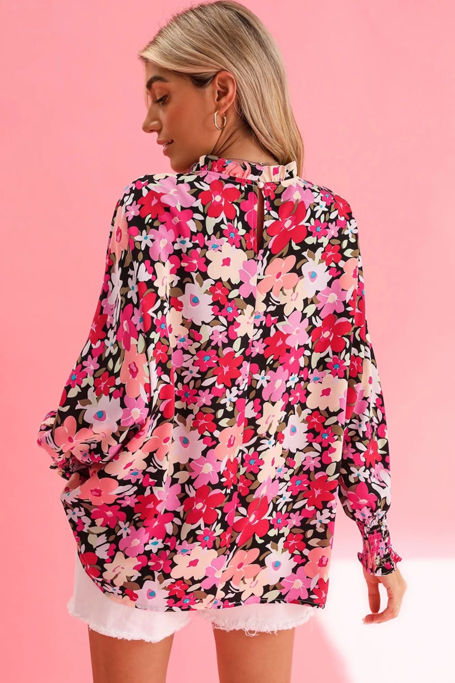 Shewin Women's Rose Printed Blouse with Frilled Neck and Shirred Cuffs Floral Top