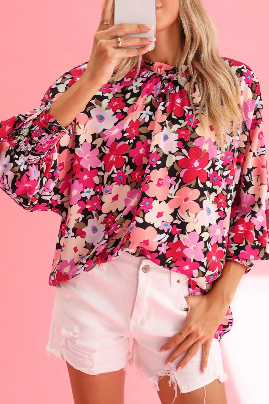 Shewin Women's Rose Printed Blouse with Frilled Neck and Shirred Cuffs Floral Top