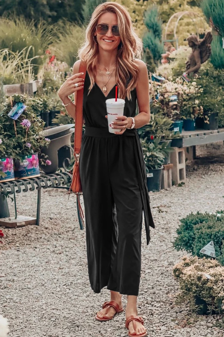 Shewin Women's Black Casual Surplice V-Neck Knot Detail Wide Leg Jumpsuit