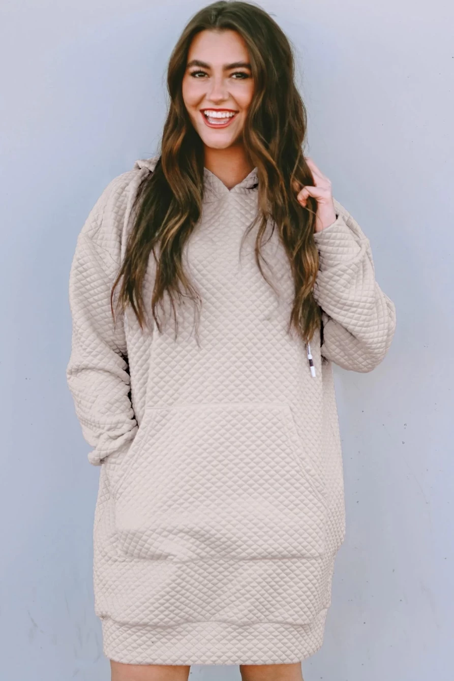 Shewin Women's Parchment Quilted Hooded Dress with Kangaroo Pocket and Drawstring Waist