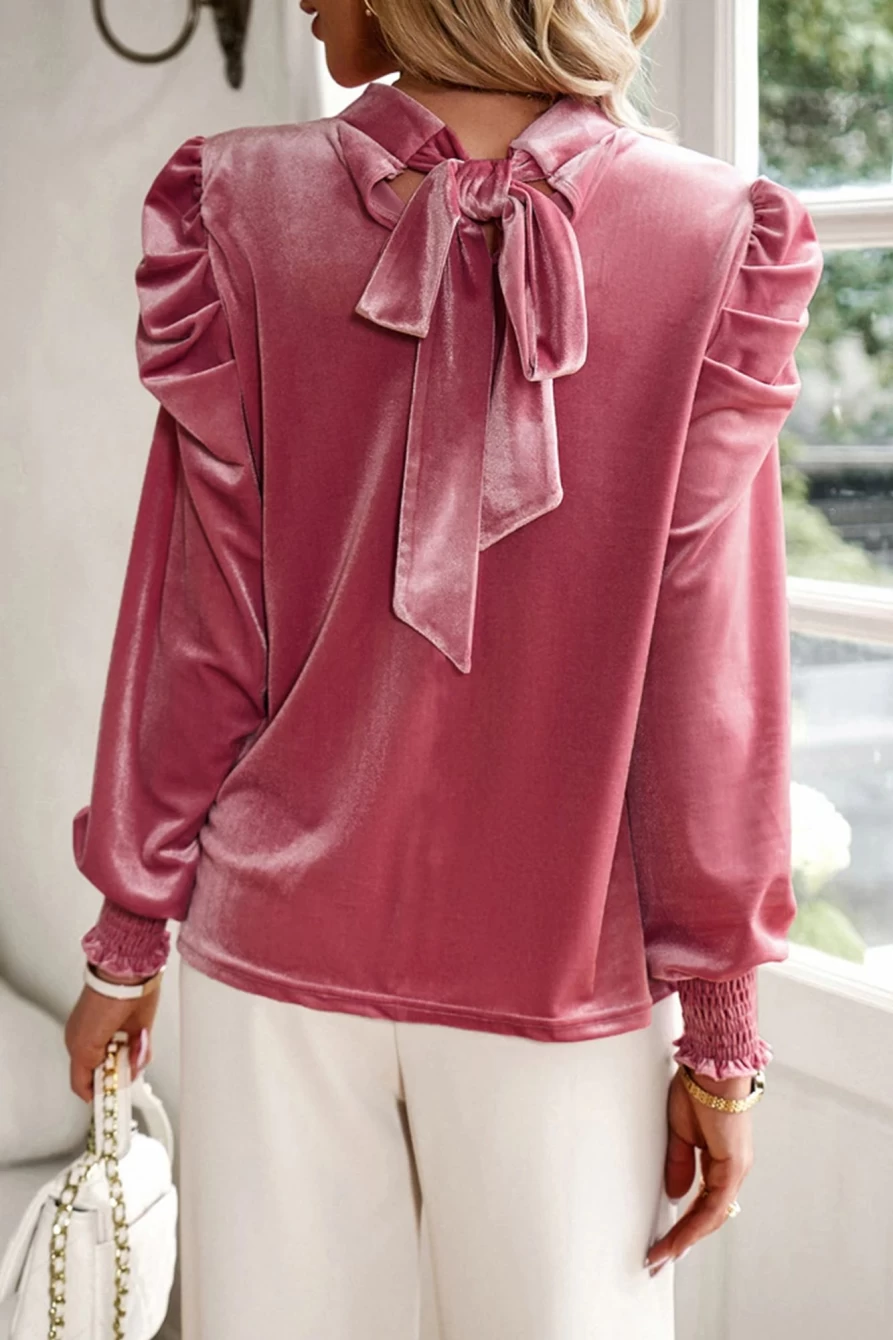 Shewin Women's Peach Blossom Velvet Blouse with Keyhole Neck & Puff Sleeves