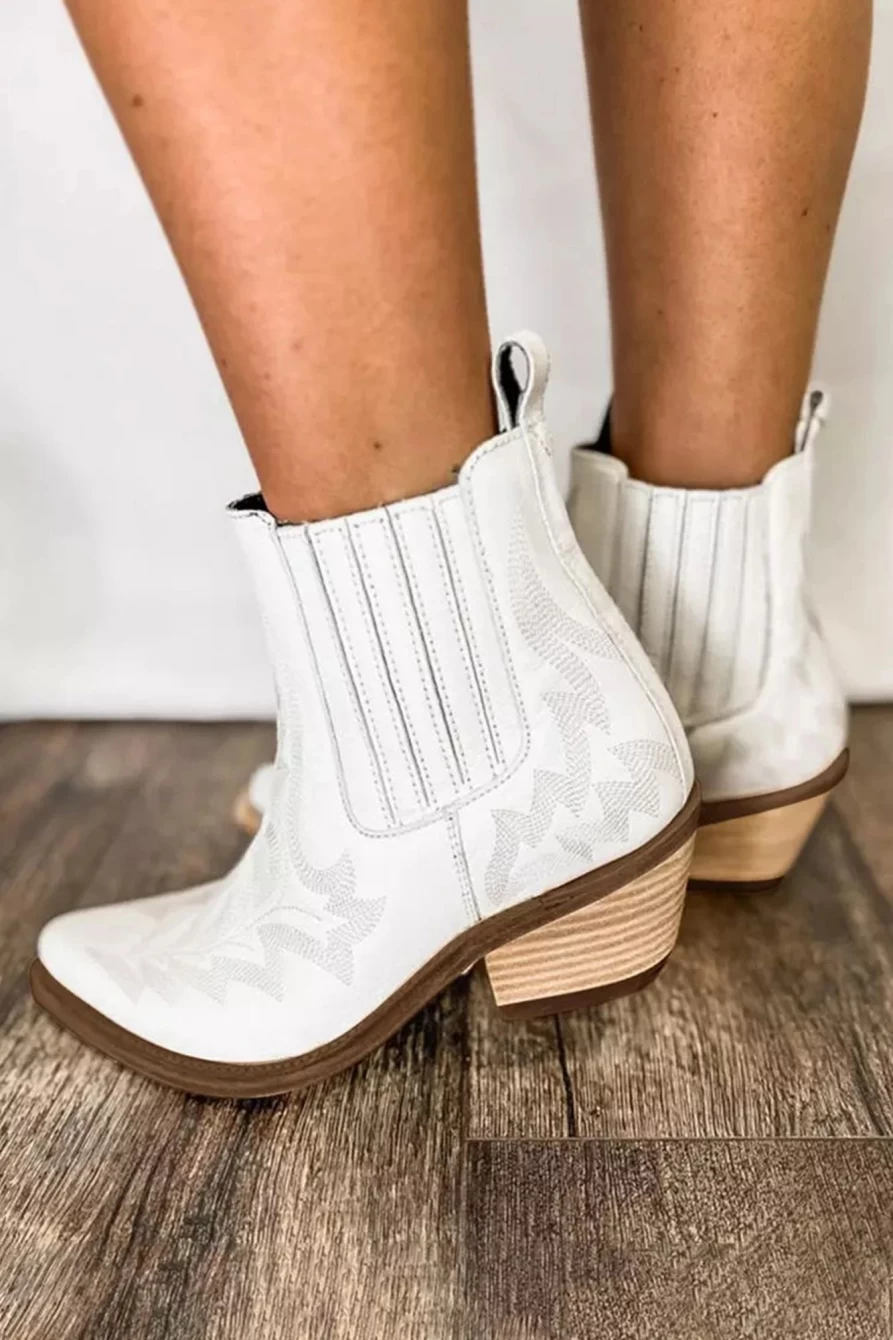 Shewin Women's White Embroidered Leather Booties with Thick Heel - Stylish & Comfortable