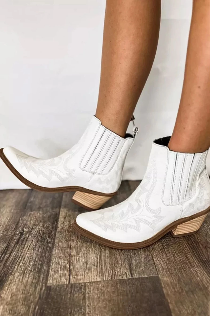 Shewin Women's White Embroidered Leather Booties with Thick Heel - Stylish & Comfortable