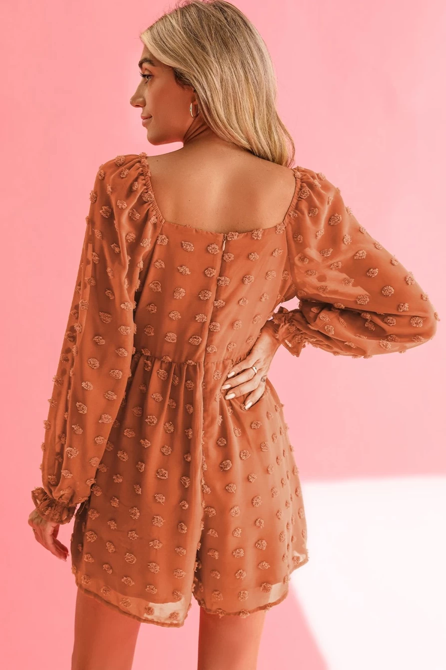Women's Grapefruit Orange Swiss Dot Square Neck Long Sleeve High Waist Romper by Shewin
