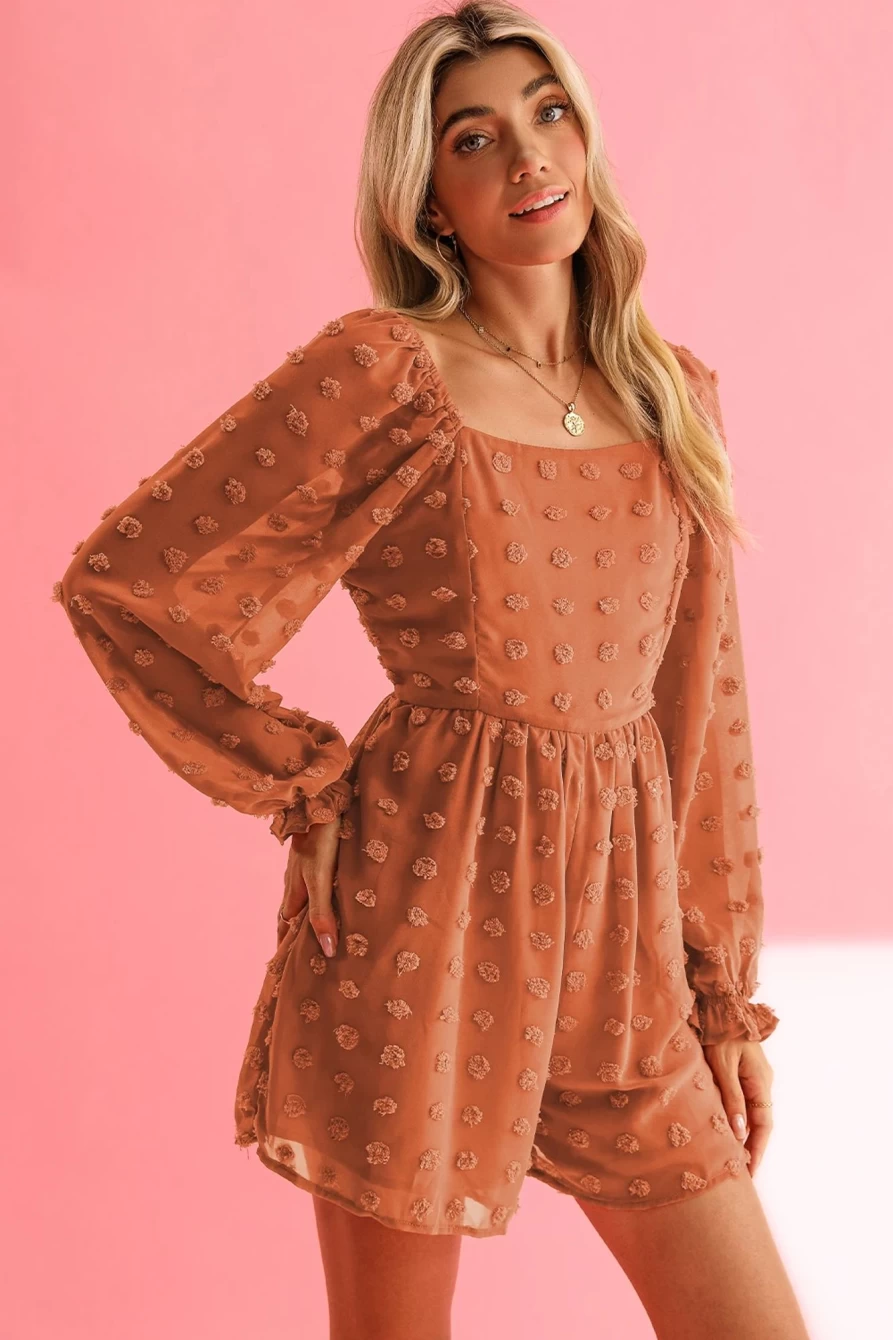 Women's Grapefruit Orange Swiss Dot Square Neck Long Sleeve High Waist Romper by Shewin