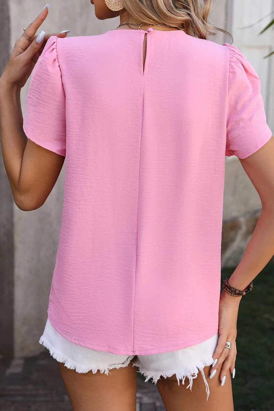 Shewin Women's Pink Solid Color Pleated Round Neck Petal Sleeve Blouse