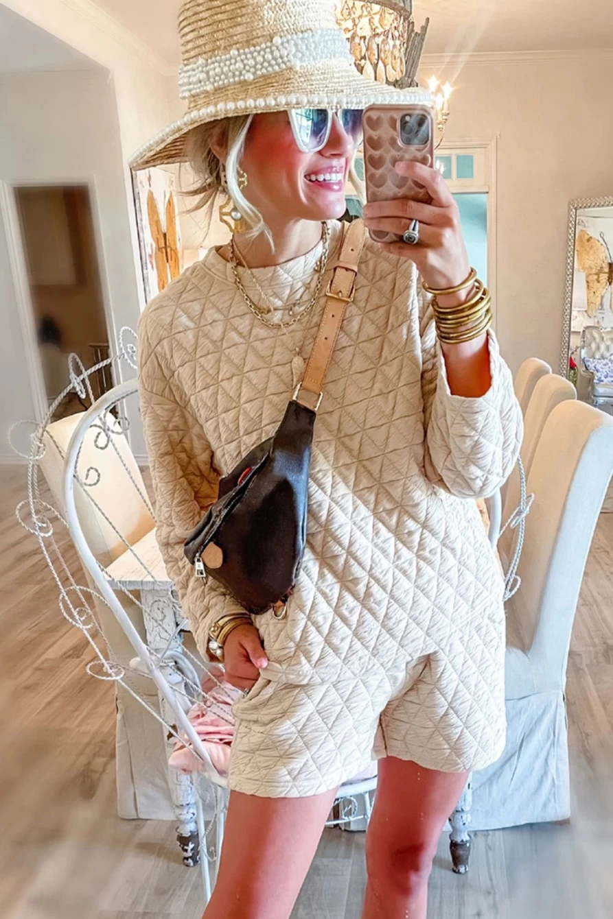 Shewin Women's Beige Quilted Long Sleeve Top and Shorts Lounge Set