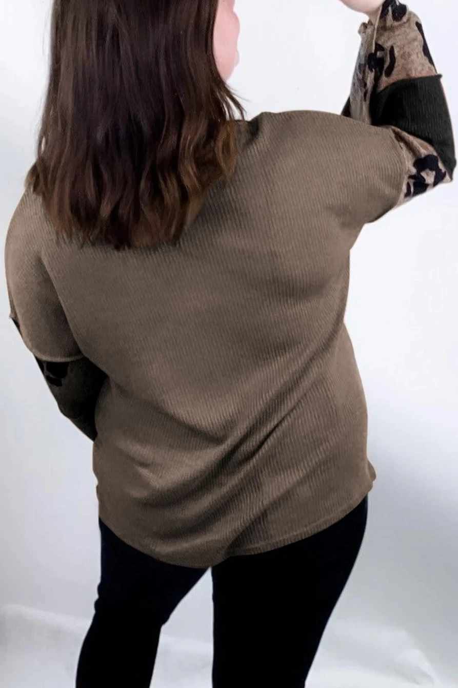 Shewin Women's Multicolour V-Neck Loose Top with Waffle & Leopard Patchwork Design