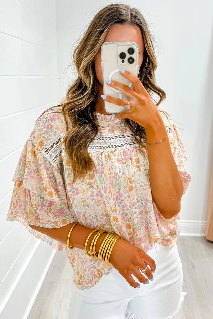 Shewin Women's Multicolor Floral Blouse with Wide Ruffle Sleeves